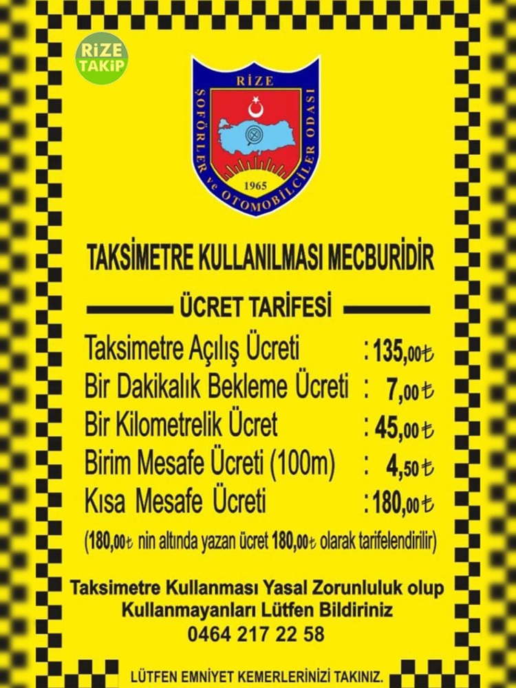 Rize Taksi Ücret Tarifesi, Rize Taksimetre Tarifesi